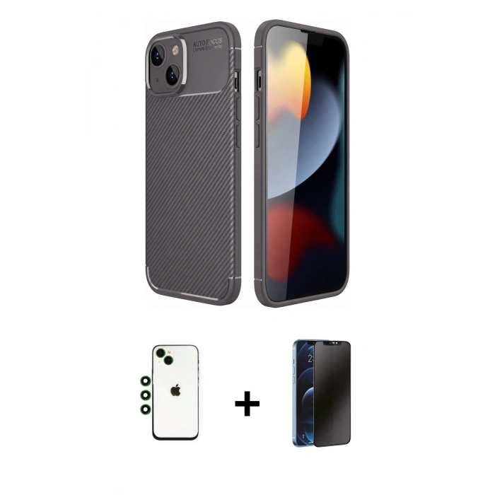 MARSİLYAN™- iPhone 14 Kılıf Eksen Form Prime - Siyah 3D Antistatik Hayalet Cam Ekran Koruyucu + Shine Kamera Lens - YL