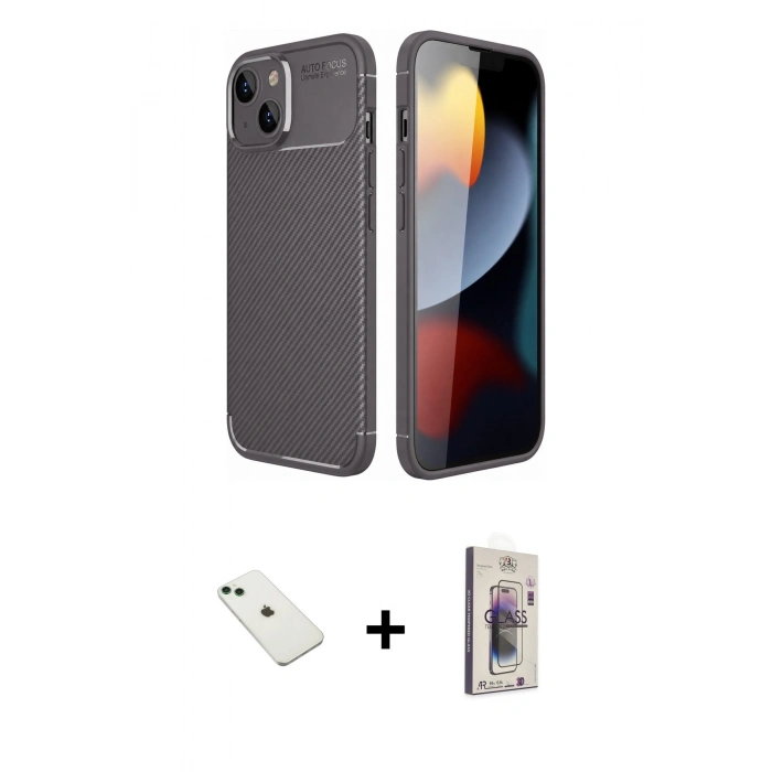 MARSİLYAN™- iPhone 14 Kılıf Eksen Form Prime - Siyah Bilvis 3D Cam Ekran Koruyucu + Diamond Kamera Lens - YL