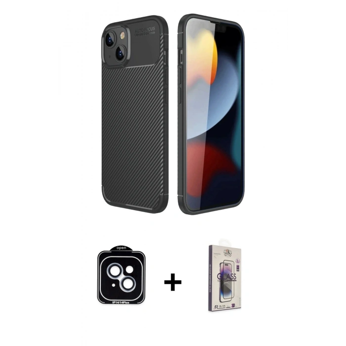 MARSİLYAN™- iPhone 14 Kılıf Eksen Form Prime - Siyah Bilvis 3D Cam Ekran Koruyucu + PVD Metal Kamera Lens - MI