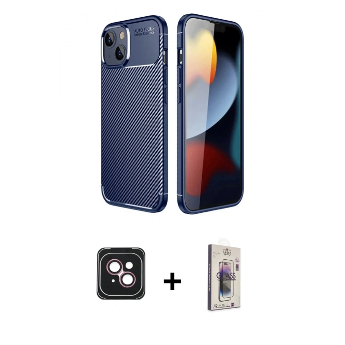 MARSİLYAN™- iPhone 14 Kılıf Eksen Form Prime - Siyah Bilvis 3D Cam Ekran Koruyucu + PVD Metal Kamera Lens - PE