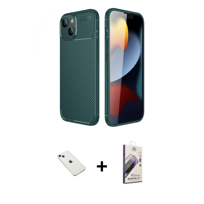 MARSİLYAN™- iPhone 14 Kılıf Eksen Form Prime - Siyah Bilvis 3D Mat Cam Ekran Koruyucu + Diamond Kamera Lens - KI