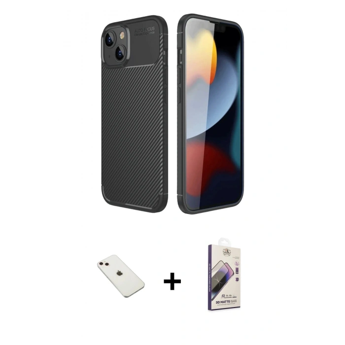 MARSİLYAN™- iPhone 14 Kılıf Eksen Form Prime - Siyah Bilvis 3D Mat Cam Ekran Koruyucu + Diamond Kamera Lens - PE