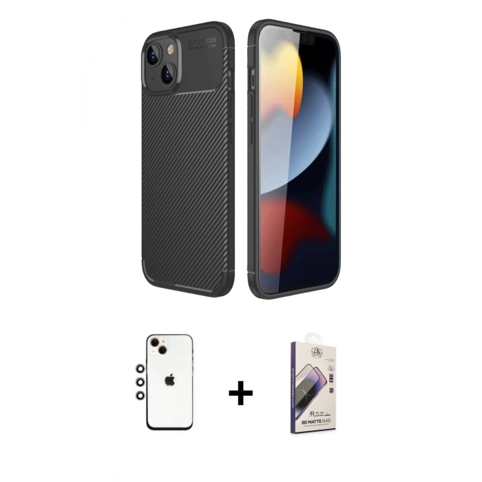 MARSİLYAN™- iPhone 14 Kılıf Eksen Form Prime - Siyah Bilvis 3D Mat Cam Ekran Koruyucu + Shine Kamera Lens - GI
