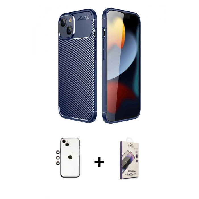 MARSİLYAN™- iPhone 14 Kılıf Eksen Form Prime - Siyah Bilvis 3D Mat Cam Ekran Koruyucu + Shine Kamera Lens - GI