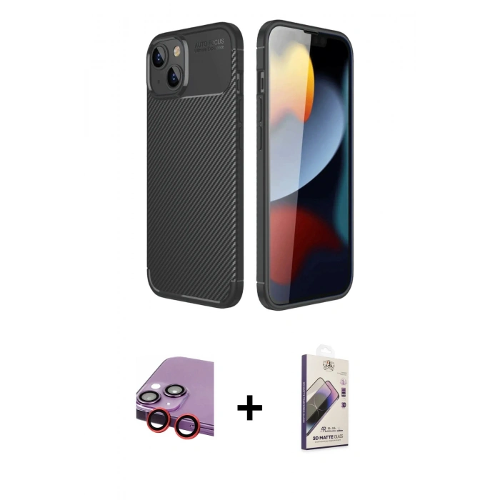 MARSİLYAN™- iPhone 14 Kılıf Eksen Form Prime - Siyah Bilvis 3D Mat Cam Ekran Koruyucu + Raze Metal Kamera Lens - KI