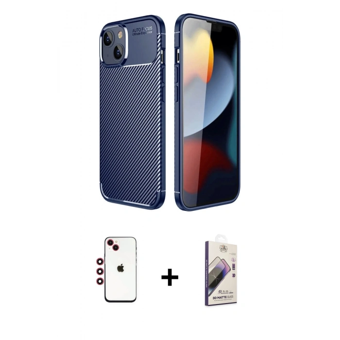MARSİLYAN™- iPhone 14 Kılıf Eksen Form Prime - Siyah Bilvis 3D Mat Cam Ekran Koruyucu + Kırmızı Shine Kamera Lens