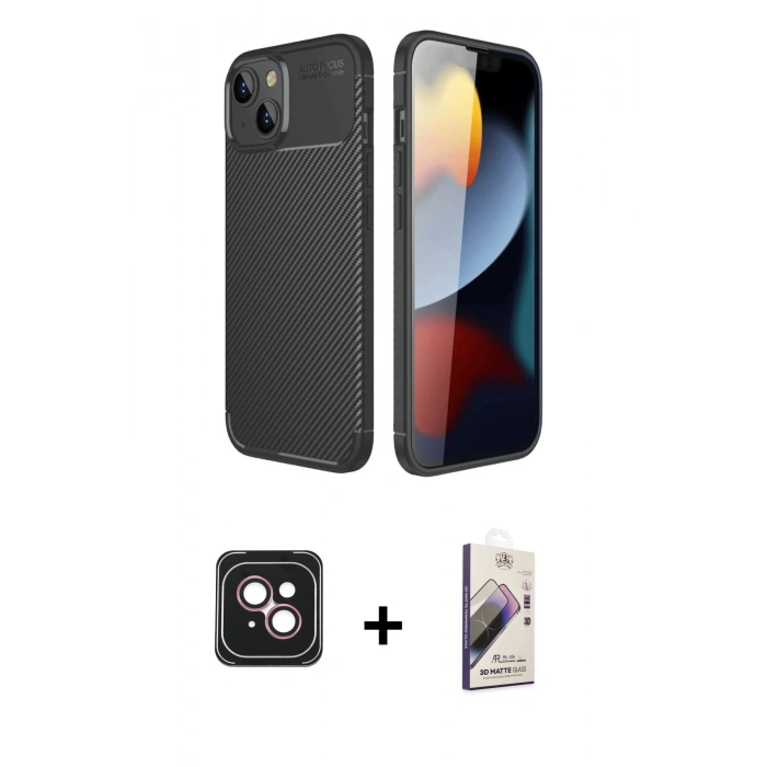 MARSİLYAN™- iPhone 14 Kılıf Eksen Form Prime - Siyah Bilvis 3D Mat Cam Ekran Koruyucu + PVD Metal Kamera Lens - PE