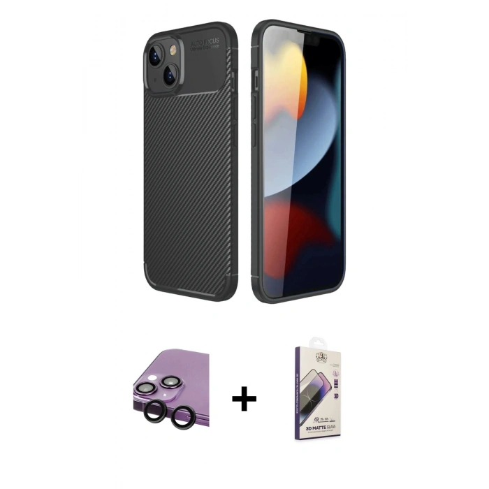 MARSİLYAN™- iPhone 14 Kılıf Eksen Form Prime - Siyah Bilvis 3D Mat Cam Ekran Koruyucu + Raze Metal Kamera Lens - SH