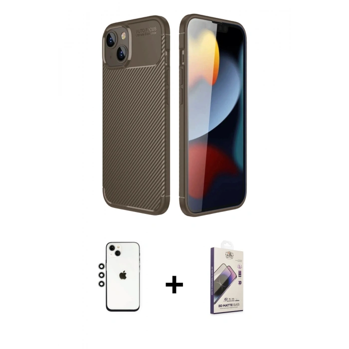 MARSİLYAN™- iPhone 14 Kılıf Eksen Form Prime - Siyah Bilvis 3D Mat Cam Ekran Koruyucu + Shine Kamera Lens - GS