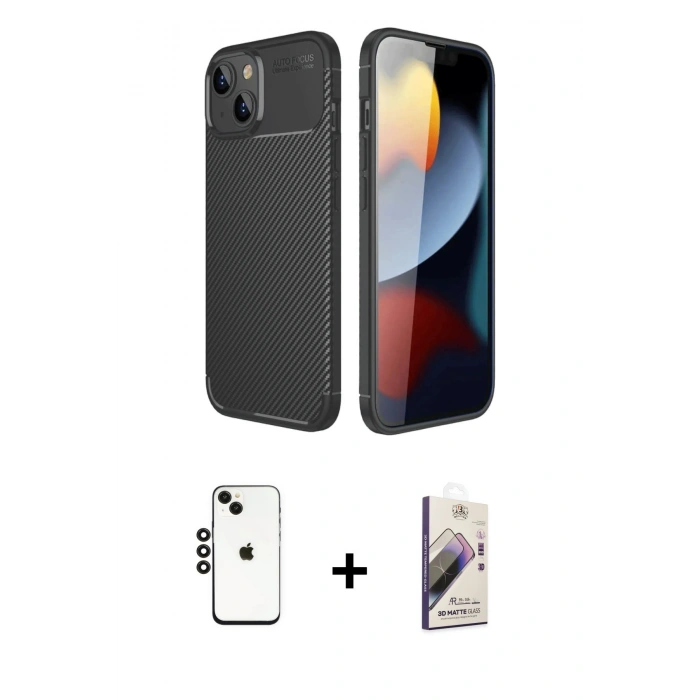 MARSİLYAN™- iPhone 14 Kılıf Eksen Form Prime - Siyah Bilvis 3D Mat Cam Ekran Koruyucu + Shine Kamera Lens - SH