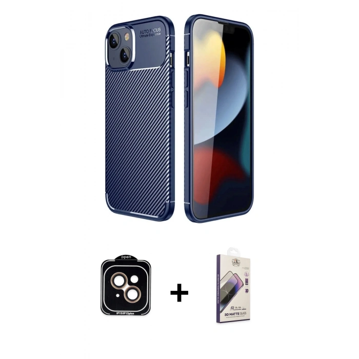 MARSİLYAN™- iPhone 14 Kılıf Eksen Form Prime - Siyah Bilvis 3D Mat Cam Ekran Koruyucu + PVD Metal Kamera Lens - TU