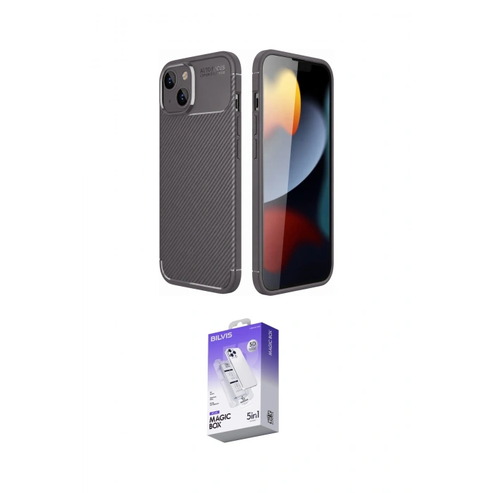 MARSİLYAN™- iPhone 14 Kılıf Eksen Form Prime - Siyah Bilvis 5in1 3D Magic Cam Ekran Koruyucu