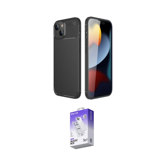 MARSİLYAN™- iPhone 14 Kılıf Eksen Form Prime - Siyah Bilvis 5in1 3D Magic Cam Ekran Koruyucu