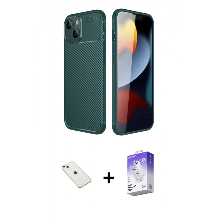 MARSİLYAN™- iPhone 14 Kılıf Eksen Form Prime - Siyah Bilvis 5in1 3D Magic Cam Ekran Koruyucu + Diamond Kamera Lens - PE