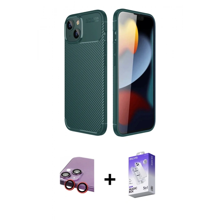 MARSİLYAN™- iPhone 14 Kılıf Eksen Form Prime - Siyah Bilvis 5in1 3D Magic Cam Ekran Koruyucu + Raze Metal Kamera Lens - KI