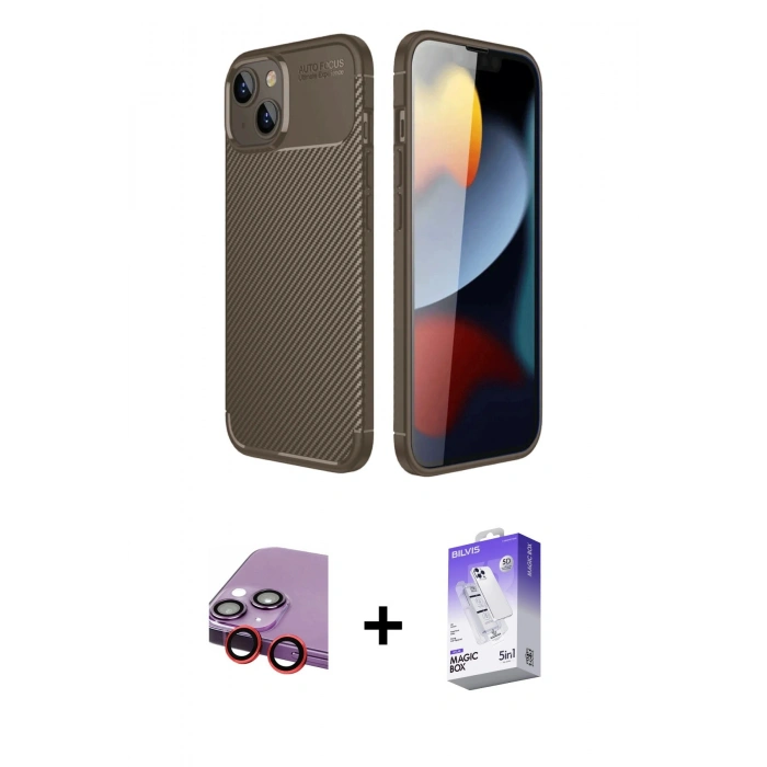MARSİLYAN™- iPhone 14 Kılıf Eksen Form Prime - Siyah Bilvis 5in1 3D Magic Cam Ekran Koruyucu + Raze Metal Kamera Lens - KI