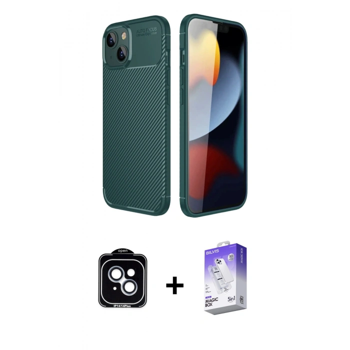 MARSİLYAN™- iPhone 14 Kılıf Eksen Form Prime - Siyah Bilvis 5in1 3D Magic Cam Ekran Koruyucu + PVD Metal Kamera Lens - MI