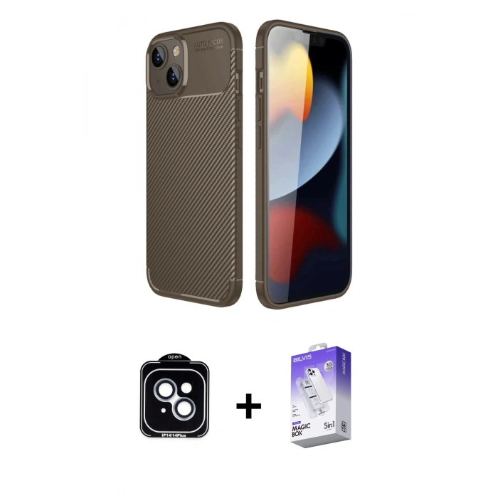 MARSİLYAN™- iPhone 14 Kılıf Eksen Form Prime - Siyah Bilvis 5in1 3D Magic Cam Ekran Koruyucu + PVD Metal Kamera Lens - MI