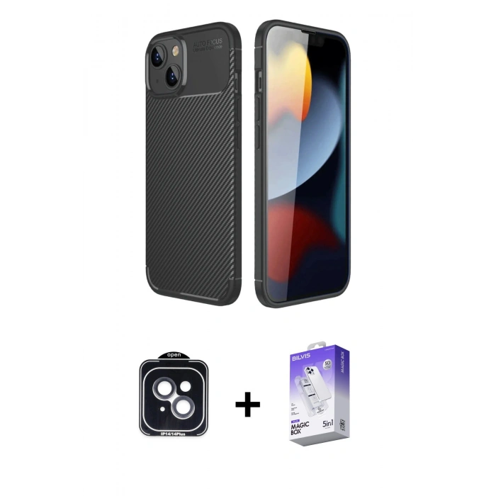 MARSİLYAN™- iPhone 14 Kılıf Eksen Form Prime - Siyah Bilvis 5in1 3D Magic Cam Ekran Koruyucu + PVD Metal Kamera Lens - SH
