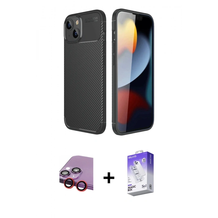MARSİLYAN™- iPhone 14 Kılıf Eksen Form Prime - Siyah Bilvis 5in1 3D Magic Cam Ekran Koruyucu + Raze Metal Kamera Lens - KI