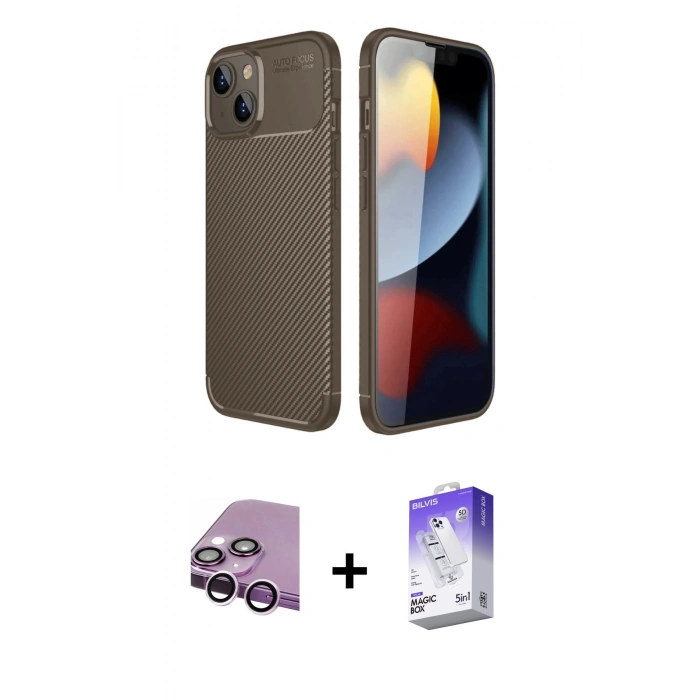 MARSİLYAN™- iPhone 14 Kılıf Eksen Form Prime - Siyah Bilvis 5in1 3D Magic Cam Ekran Koruyucu + Raze Metal Kamera Lens - MR
