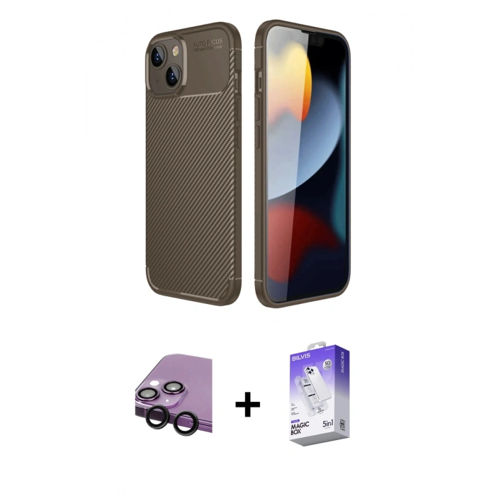 MARSİLYAN™- iPhone 14 Kılıf Eksen Form Prime - Siyah Bilvis 5in1 3D Magic Cam Ekran Koruyucu + Raze Metal Kamera Lens - SH
