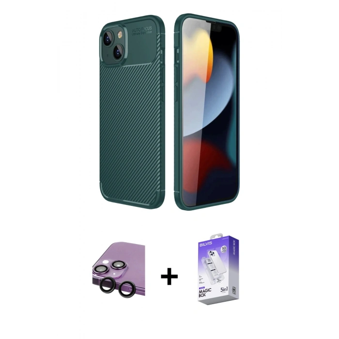 MARSİLYAN™- iPhone 14 Kılıf Eksen Form Prime - Siyah Bilvis 5in1 3D Magic Cam Ekran Koruyucu + Raze Metal Kamera Lens - SH
