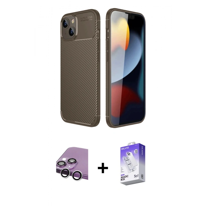 MARSİLYAN™- iPhone 14 Kılıf Eksen Form Prime - Siyah Bilvis 5in1 3D Magic Cam Ekran Koruyucu + Raze Metal Kamera Lens - GS