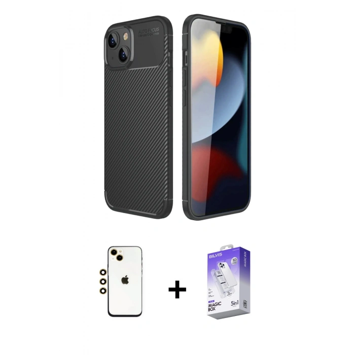 MARSİLYAN™- iPhone 14 Kılıf Eksen Form Prime - Siyah Bilvis 5in1 3D Magic Cam Ekran Koruyucu + Shine Kamera Lens - GD