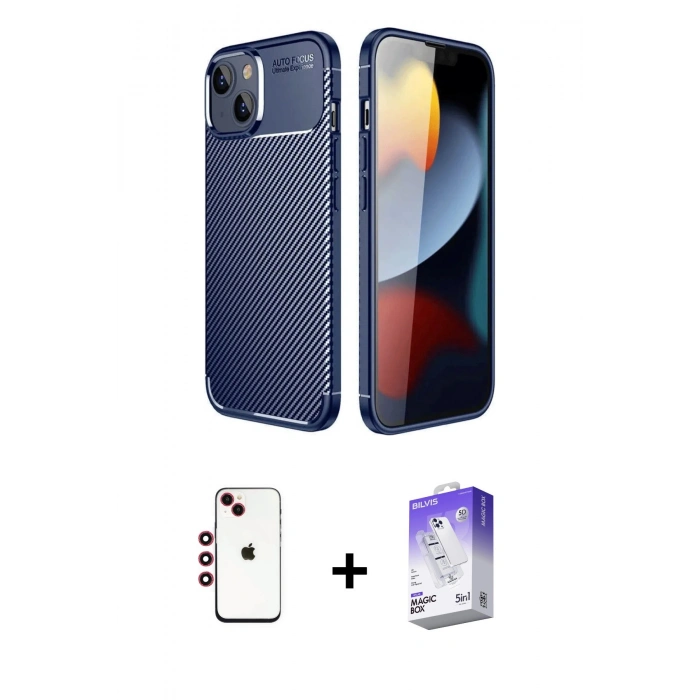 MARSİLYAN™- iPhone 14 Kılıf Eksen Form Prime - Siyah Bilvis 5in1 3D Magic Cam Ekran Koruyucu + Shine Kamera Lens - KI