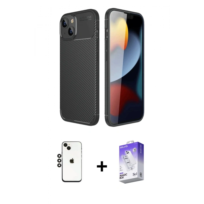 MARSİLYAN™- iPhone 14 Kılıf Eksen Form Prime - Siyah Bilvis 5in1 3D Magic Cam Ekran Koruyucu + Shine Kamera Lens - SH