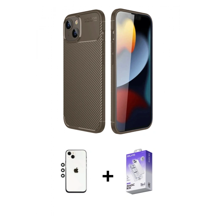 MARSİLYAN™- iPhone 14 Kılıf Eksen Form Prime - Siyah Bilvis 5in1 3D Magic Cam Ekran Koruyucu + Shine Kamera Lens - GS