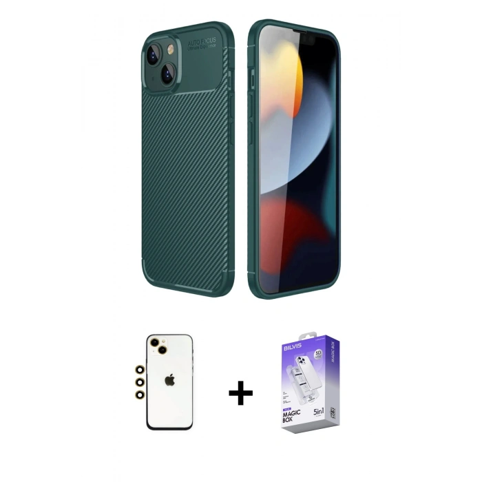 MARSİLYAN™- iPhone 14 Kılıf Eksen Form Prime - Siyah Bilvis 5in1 3D Magic Cam Ekran Koruyucu + Shine Kamera Lens - GD