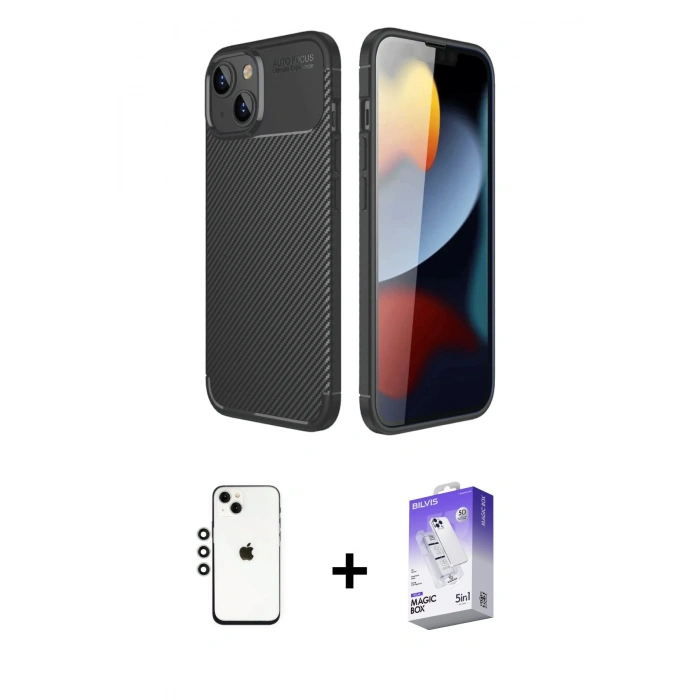 MARSİLYAN™- iPhone 14 Kılıf Eksen Form Prime - Siyah Bilvis 5in1 3D Magic Cam Ekran Koruyucu + Shine Kamera Lens - GS