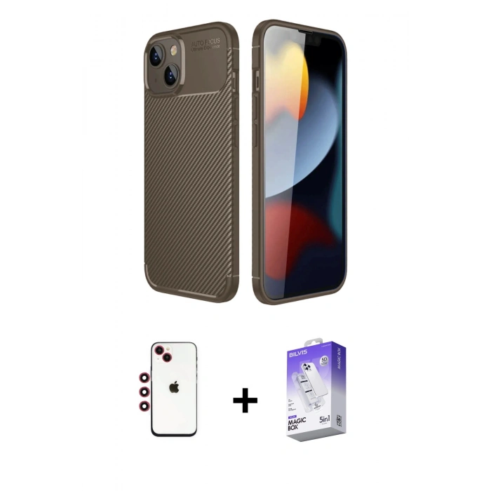 MARSİLYAN™- iPhone 14 Kılıf Eksen Form Prime - Siyah Bilvis 5in1 3D Magic Cam Ekran Koruyucu + Shine Kamera Lens - KI