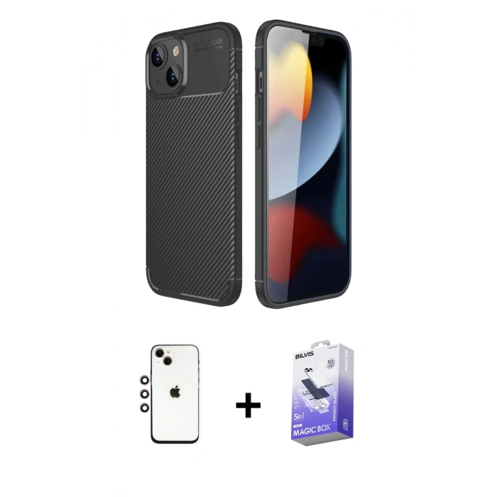 MARSİLYAN™- iPhone 14 Kılıf Eksen Form Prime - Siyah Bilvis 5in1 5D Magic Hayalet Cam Ekran Koruyucu + Shine Kamera Lens - GI