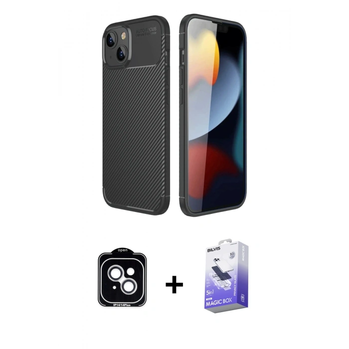 MARSİLYAN™- iPhone 14 Kılıf Eksen Form Prime - Siyah Bilvis 5in1 5D Magic Hayalet Cam Ekran Koruyucu + PVD Metal Kamera Lens - GS
