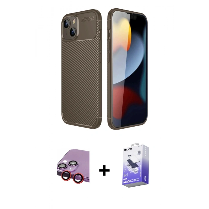 MARSİLYAN™- iPhone 14 Kılıf Eksen Form Prime - Siyah Bilvis 5in1 5D Magic Hayalet Cam Ekran Koruyucu + Raze Metal Kamera Lens - KI