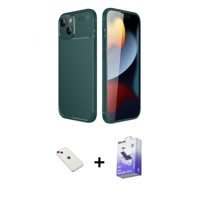 MARSİLYAN™- iPhone 14 Kılıf Eksen Form Prime - Siyah Bilvis 5in1 5D Magic Hayalet Cam Ekran Koruyucu + Diamond Kamera Lens - KI