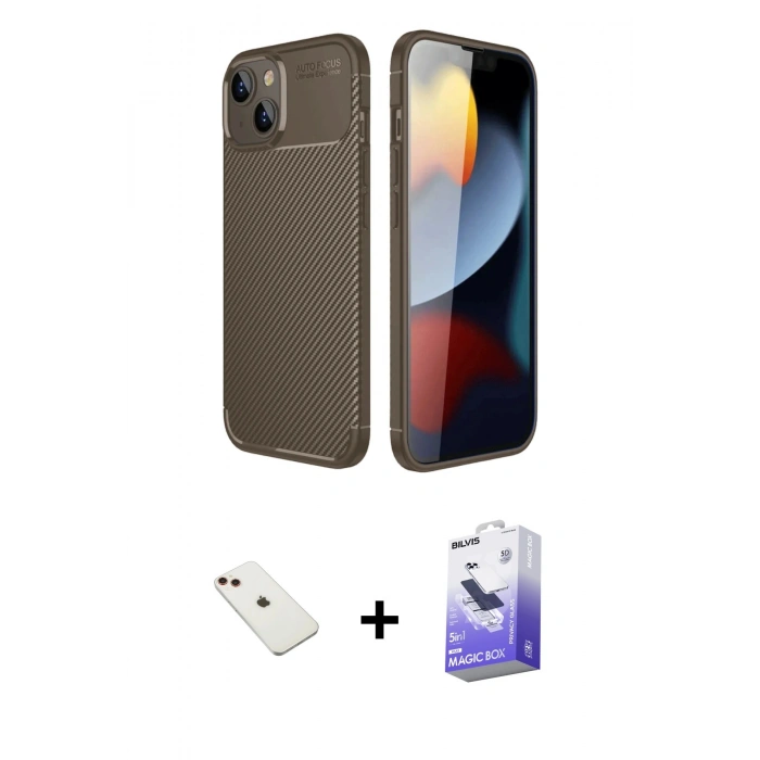 MARSİLYAN™- iPhone 14 Kılıf Eksen Form Prime - Siyah Bilvis 5in1 5D Magic Hayalet Cam Ekran Koruyucu + Diamond Kamera Lens - KI