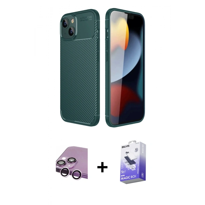 MARSİLYAN™- iPhone 14 Kılıf Eksen Form Prime - Siyah Bilvis 5in1 5D Magic Hayalet Cam Ekran Koruyucu + Mor Raze Metal Kamera Lens