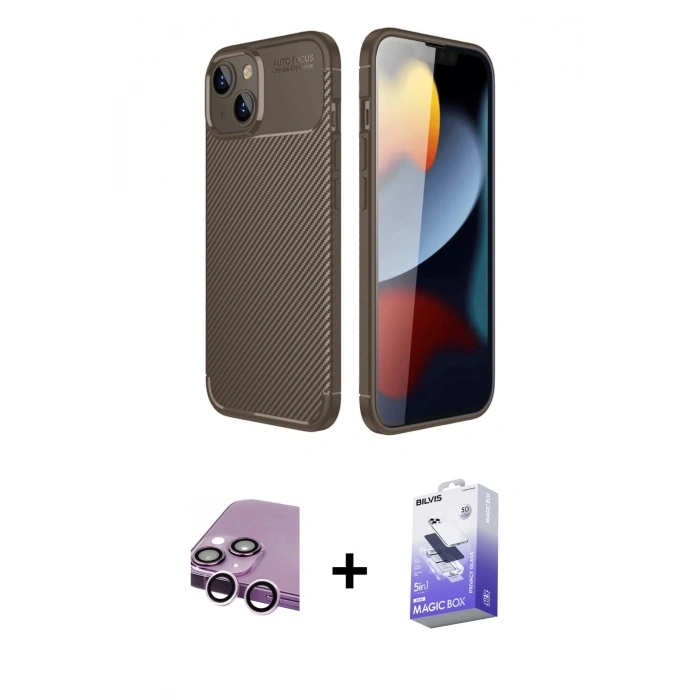 MARSİLYAN™- iPhone 14 Kılıf Eksen Form Prime - Siyah Bilvis 5in1 5D Magic Hayalet Cam Ekran Koruyucu + Mor Raze Metal Kamera Lens