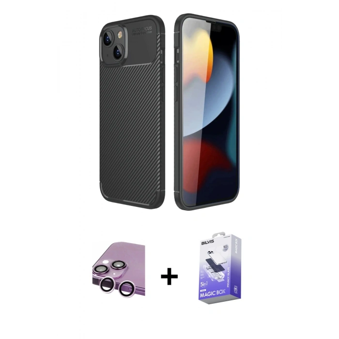 MARSİLYAN™- iPhone 14 Kılıf Eksen Form Prime - Siyah Bilvis 5in1 5D Magic Hayalet Cam Ekran Koruyucu + Mor Raze Metal Kamera Lens