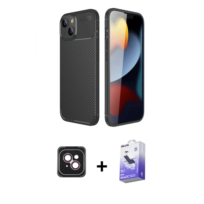 MARSİLYAN™- iPhone 14 Kılıf Eksen Form Prime - Siyah Bilvis 5in1 5D Magic Hayalet Cam Ekran Koruyucu + PVD Metal Kamera Lens - PE