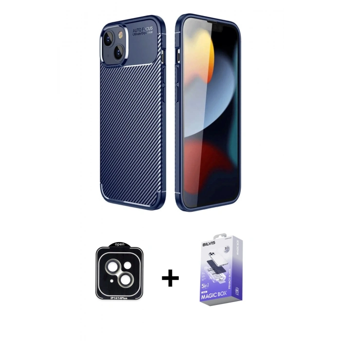 MARSİLYAN™- iPhone 14 Kılıf Eksen Form Prime - Siyah Bilvis 5in1 5D Magic Hayalet Cam Ekran Koruyucu + PVD Metal Kamera Lens - YL