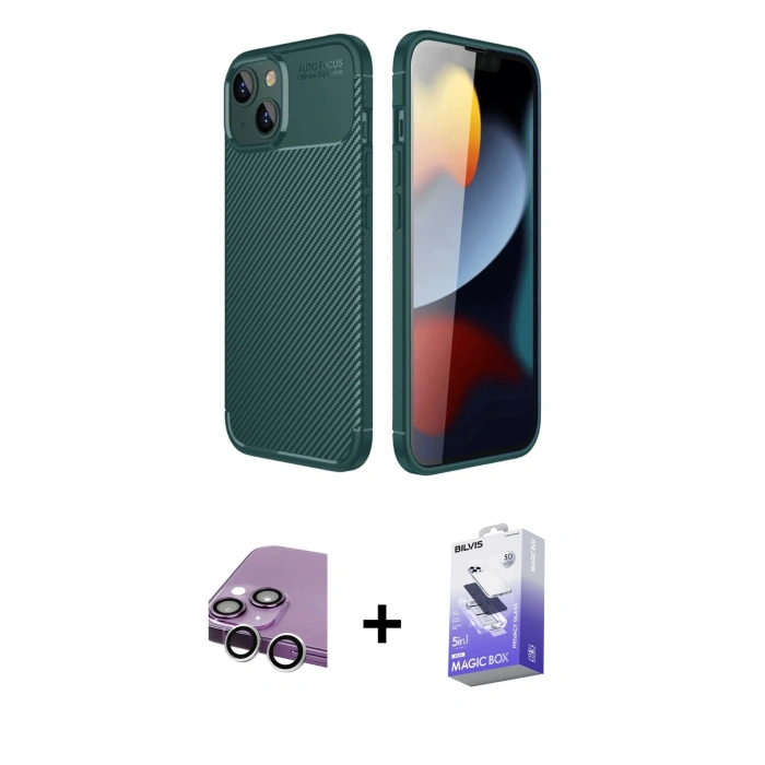 MARSİLYAN™- iPhone 14 Kılıf Eksen Form Prime - Siyah Bilvis 5in1 5D Magic Hayalet Cam Ekran Koruyucu + Raze Metal Kamera Lens - GS