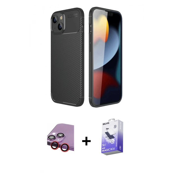 MARSİLYAN™- iPhone 14 Kılıf Eksen Form Prime - Siyah Bilvis 5in1 5D Magic Hayalet Cam Ekran Koruyucu + Raze Metal Kamera Lens - KI