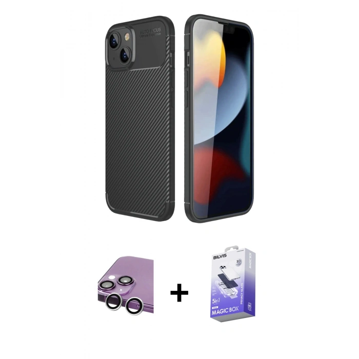 MARSİLYAN™- iPhone 14 Kılıf Eksen Form Prime - Siyah Bilvis 5in1 5D Magic Hayalet Cam Ekran Koruyucu + Raze Metal Kamera Lens - GS