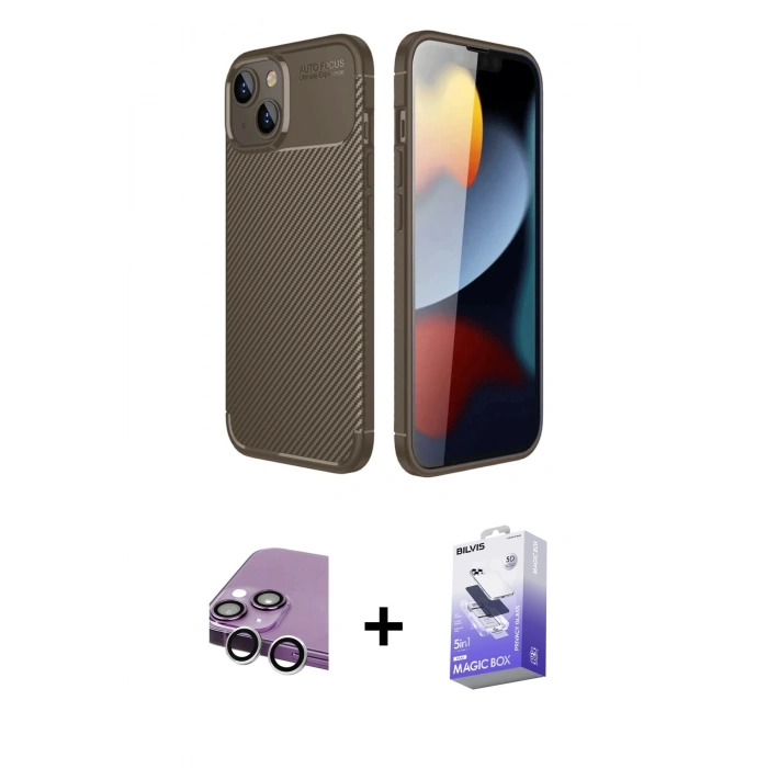MARSİLYAN™- iPhone 14 Kılıf Eksen Form Prime - Siyah Bilvis 5in1 5D Magic Hayalet Cam Ekran Koruyucu + Raze Metal Kamera Lens - GS