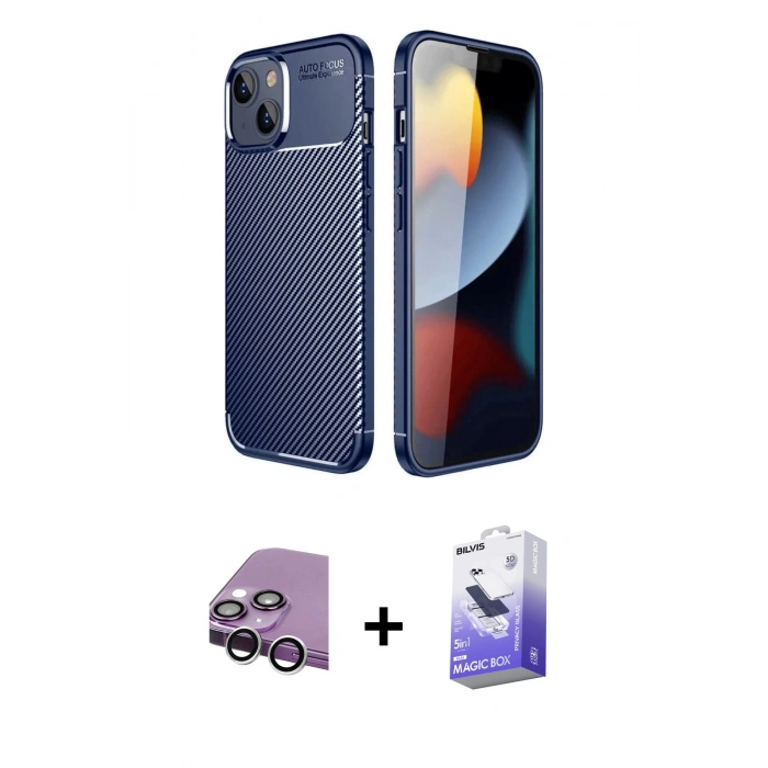 MARSİLYAN™- iPhone 14 Kılıf Eksen Form Prime - Siyah Bilvis 5in1 5D Magic Hayalet Cam Ekran Koruyucu + Raze Metal Kamera Lens - GS